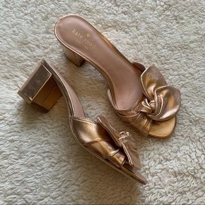 Kate Spade Leather Foil Bow Metallic Block Heel Slip On mules Heels